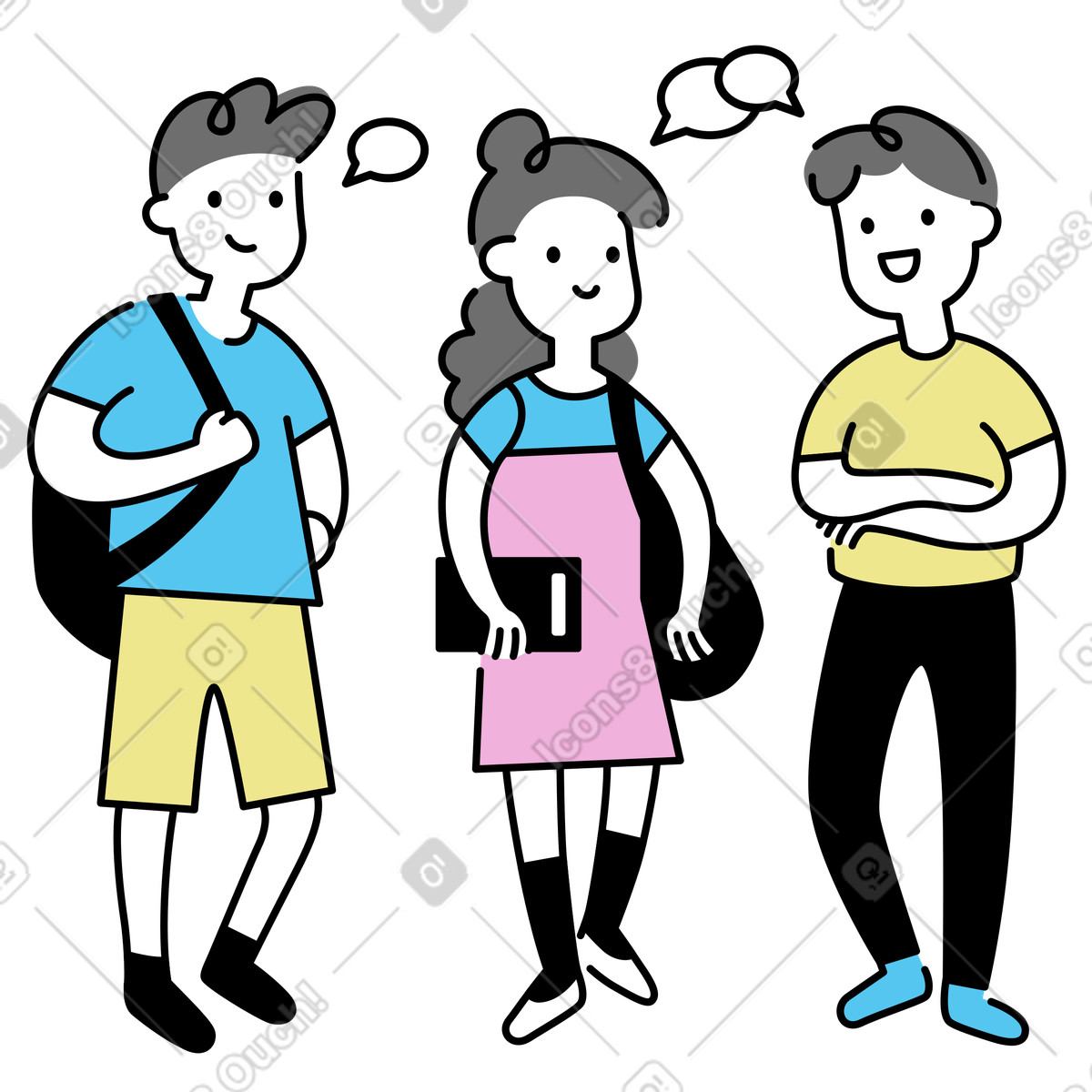 Gruppo di studenti che conversano illustrazione in stile Mochi scarica in PNG, SVG