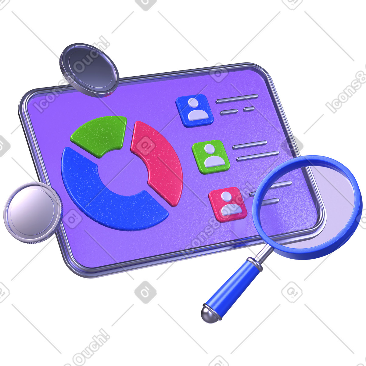 Dashboard di analisi con segmenti utenti e grafico a ciambella, business intelligence dei dati, dati crm del pubblico illustrazione in stile 3D Boost scarica in PNG, SVG