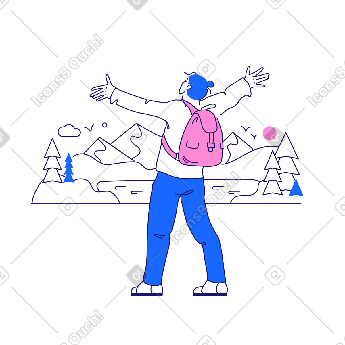 Ilustración Backpacker con los brazos abiertos listos para un viaje en estilo Matey a descargar en PNG y SVG