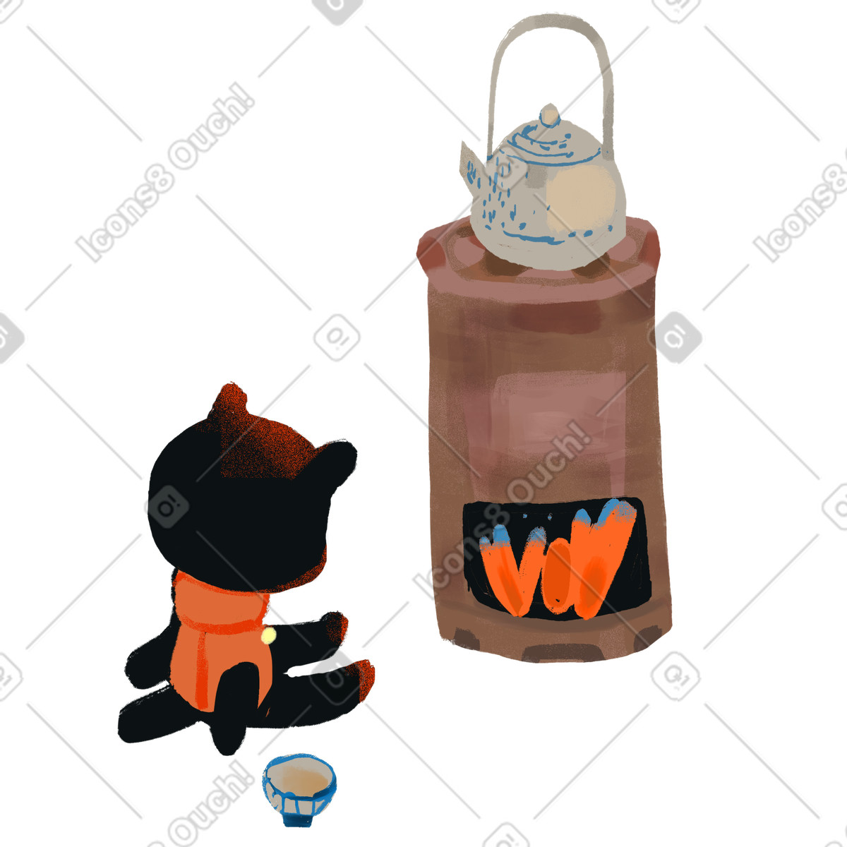 Ilustração de Urso com xícara sentado ao lado da lareira e esperando em no estilo Ikigai para baixar em PNG, SVG