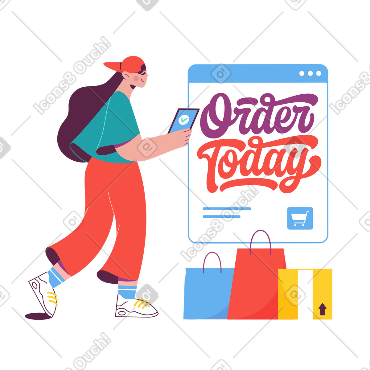 Sammy 스타일의 User confirming online purchase on phone, Digital retail and mobile commerce 일러스트레이션 PNG, SVG 다운로드