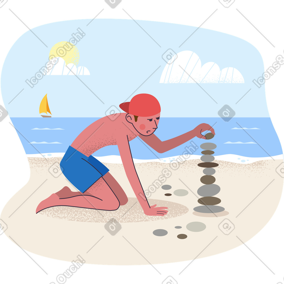 Stone stacking on the beach, Summer outdoor activity illustration in Pale style download in PNG, SVG