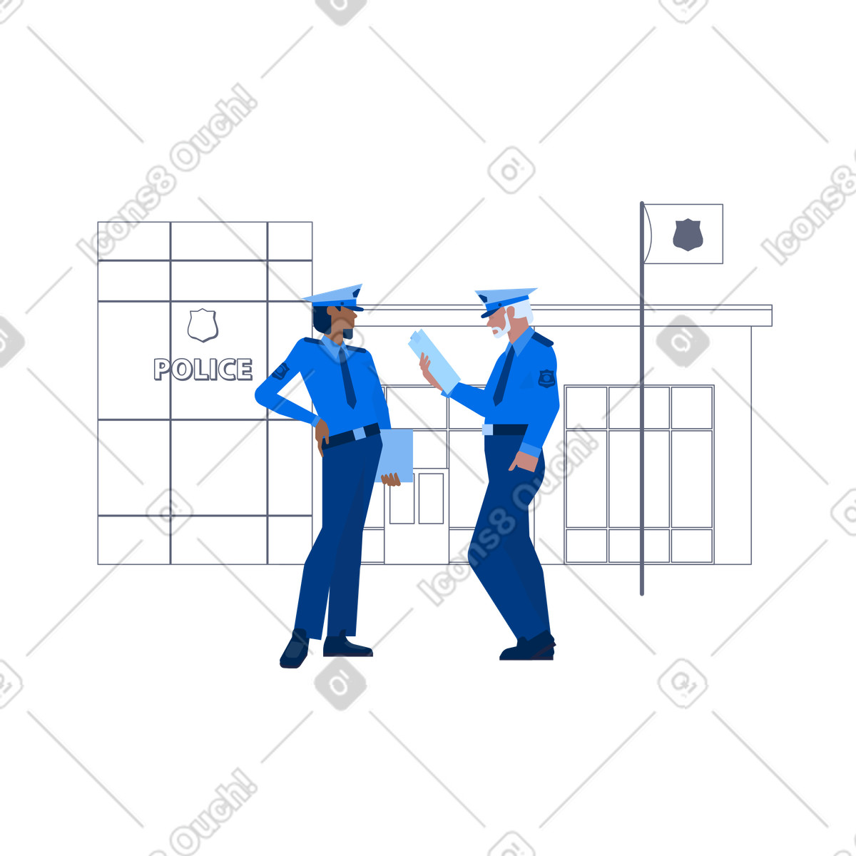 Ilustración Oficiales de pie cerca del edificio la estación policía en estilo Urban a descargar en PNG y SVG