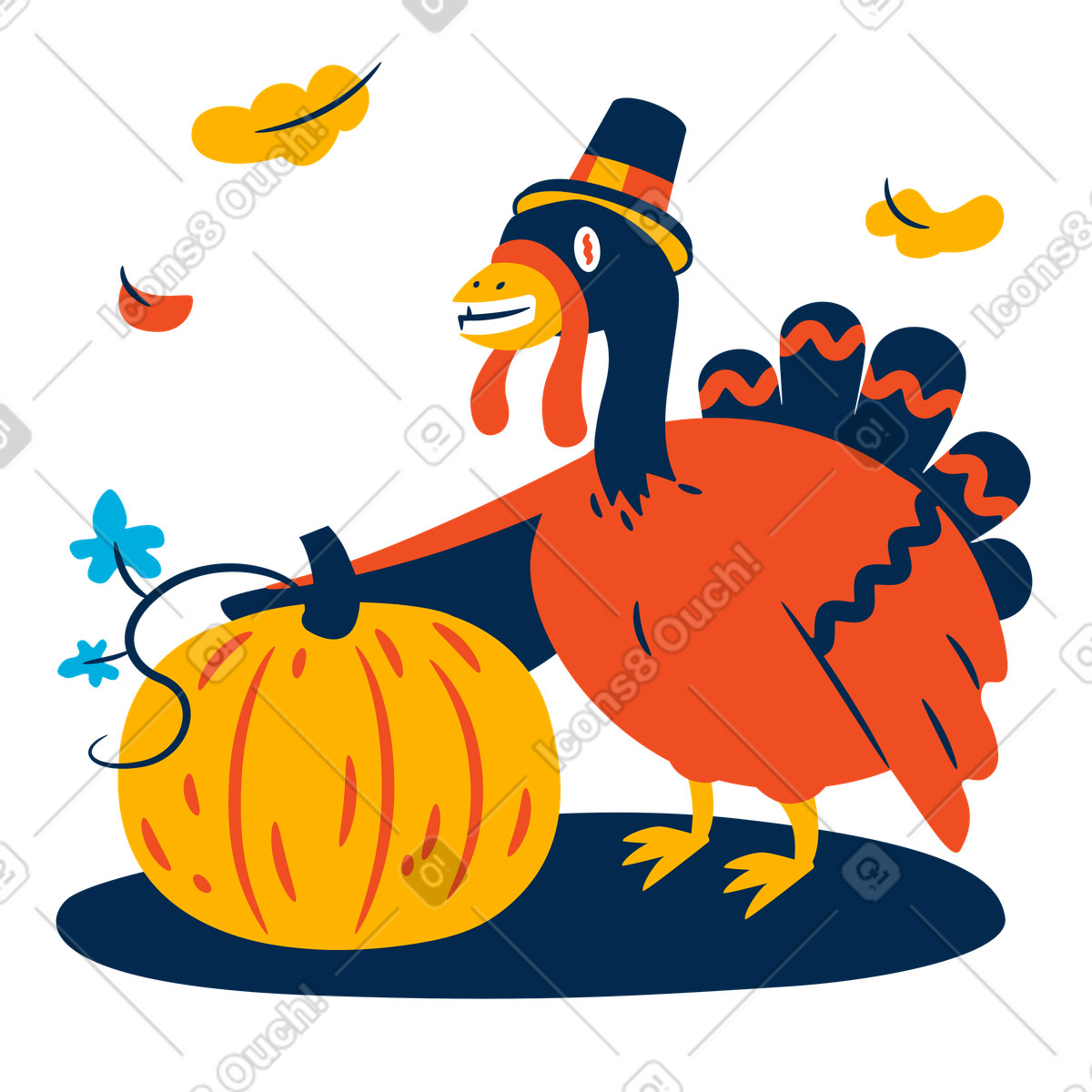 Flame スタイルの Thanksgiving turkey in hat standing next to a pumpkin のイラストをPNG、SVG形式でダウンロード