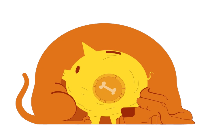 A piggy bank with a dog curled up - Woof style illustration