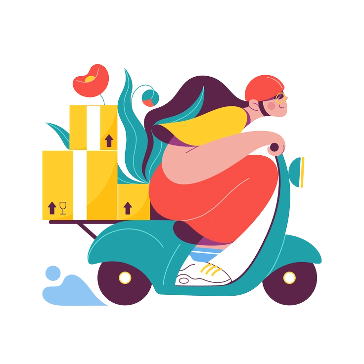 A person riding a scooter with delivery boxes - Sammy style illustration