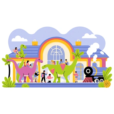 A vibrant train station in Dinotopia filled with colorful details. The station building has a large arched roof with bright blue and yellow patterns. Various species of dinosaurs, such as a tall Brachiosaurus and a smaller Triceratops, are actively carrying passengers on their backs. The platform is bustling with activity, featuring passengers waving and laughing as they board the train. Tropical plants and flowers surround the station, adding bursts of color to the scene. A steam engine is visible on the tracks, releasing puffs of white smoke into the air. The sky above is a clear blue with fluffy white clouds, creating a cheerful atmosphere.