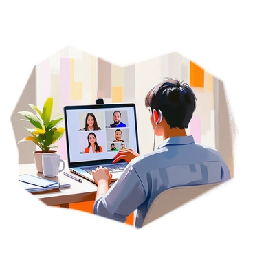 A person with medium skin tone sitting at a desk, participating in a virtual meeting. They have short black hair and are wearing a casual blue shirt. The individual is focused on a laptop screen in front of them, where a video call interface is displayed with several small thumbnail images of other participants. They have a slightly furrowed brow as they adjust their headphones and click on the touchpad, navigating the meeting software. Around the desk, there are notebooks, a coffee mug, and a small potted plant, creating a cozy workspace ambiance.