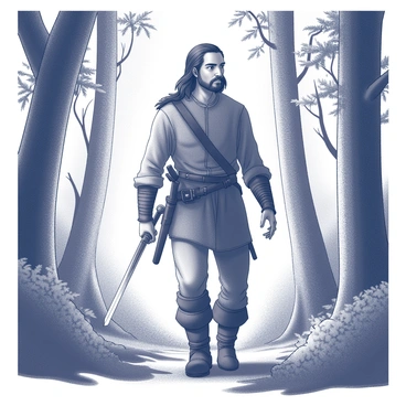 A tall man with long dark hair, dressed in rugged, earth-toned clothing, moves stealthily through a dense forest. He has a focused expression on his face as he scans the surroundings, his eyes keen and alert. In his right hand, he grips a sword with a detailed hilt, ready for any potential danger. The forest is filled with towering trees, their trunks thick and gnarled, and lush undergrowth surrounds him, creating a sense of depth in the scene. Sunlight filters through the canopy, casting intricate shadows on the forest floor. The atmosphere conveys tension, as if something unseen is lurking nearby.