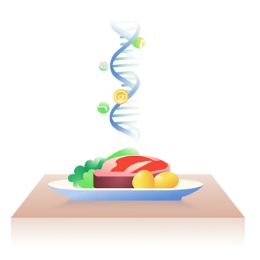 A white dinner plate is placed on a wooden table, featuring an array of food items. There are vibrant green vegetables, golden roasted potatoes, and a juicy red steak neatly arranged on the plate. As the food items approach a transparent, swirling DNA strand positioned above the plate, they begin to transform into colorful epigenetic tags, resembling small, glowing icons. The vegetables morph into tags with green hues, the potatoes into golden symbols, and the steak into a deep red emblem. The DNA strand is slightly coiled and has a soft shimmer, reflecting the transformation happening as the food items interact with it.