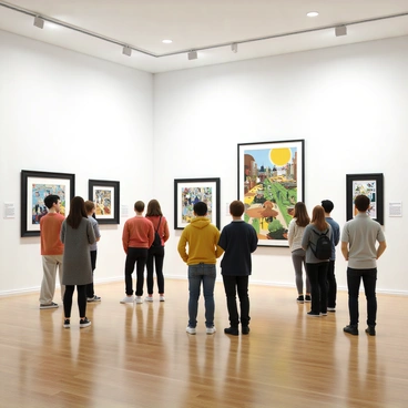 An art gallery interior with white walls and polished wooden floors. The space is filled with various colorful illustrations displayed in sleek black frames. Groups of visitors, casually dressed, are standing in front of the artworks, some pointing and discussing. A couple of visitors are taking photos of a large illustration. The lighting is bright and evenly distributed, enhancing the colors of the artwork. There are small informational placards beside each illustration, providing details about the artist and the piece.