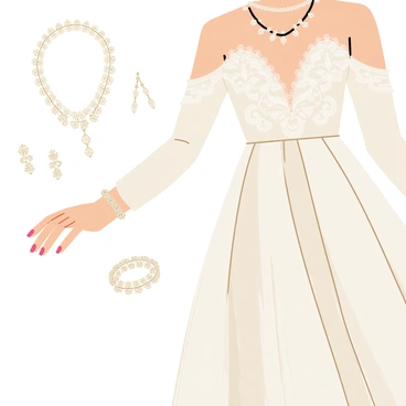 A close-up view of a beautiful evening gown featuring delicate lace detailing and a flowing silhouette. The gown is adorned with shimmering sequins that catch the light. Surrounding the gown are intricate pieces of jewelry, including a sparkling necklace with multiple layers and elegant earrings that dangle gracefully. A matching bracelet with ornate designs rests nearby. The scene captures the elegance and refinement of the evening attire, highlighting the luxurious textures and craftsmanship.