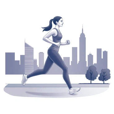 A girl jogging in fitted athleisure wear. She has her hair pulled back into a ponytail, and her expression is focused as she runs. The city skyline stretches out in the background, featuring tall buildings with distinct architectural designs. The jogger's outfit includes a sleek top and comfortable leggings. The ground beneath her feet is a jogging path, with trees lining the sides, adding to the urban atmosphere.