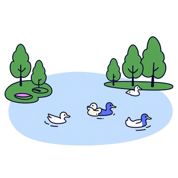 A calm lake with clear water that reflects the sky. The lake is surrounded by tall green trees with dense foliage. Several ducks are swimming gracefully on the surface of the water. The scene includes patches of lily pads floating near the water's edge. Soft ripples create patterns in the water where the ducks glide.