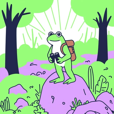 A frog with smooth, vibrant green skin is standing on a large rock in a lush forest. The frog has a small, brown backpack strapped to its back and is holding a pair of binoculars in its front legs. Surrounding the frog are tall trees with wide trunks and an abundance of leaves. The forest floor is covered with various plants, ferns, and patches of soft moss. Sunlight filters through the leaves above, casting light and shadows on the ground. In the background, there is a small stream with rocks along the edge, adding to the natural setting.