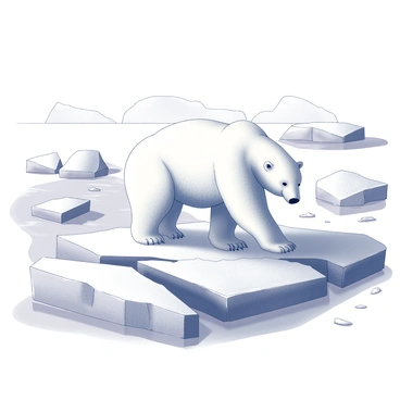 A polar bear is gently moving across a series of large, fractured icebergs. The bear is white with a thick coat of fur, its paws making contact with the rough, icy surfaces. Surrounding the icebergs, there are several smaller chunks of ice, some partially submerged in the clear, cold water. The icy landscape extends into the distance, with more ice formations and a vast, open sky above. The scene conveys the vastness of the Arctic environment, showcasing the bear's solitary journey among the ice.