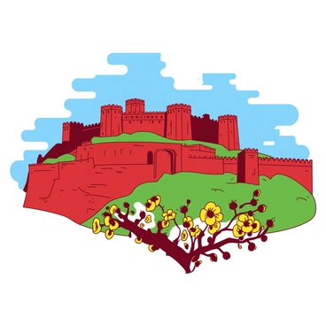 A red landscape featuring the historic Bidar Fort showcasing its majestic architecture. The fort is positioned prominently on a hill, surrounded by green terrain. Intricate stonework and arches are visible on the fort's walls, with towers reaching towards the sky. In the foreground, there are blooming flowers in various shades of yellow adding vibrancy to the scene. A clear blue sky serves as a backdrop, enhancing the fort's grandeur.