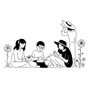 A group of students is sitting on the grass in a botanical garden, each focused on their sketchbooks. One student, a girl with pigtails, is intently drawing a large flower with intricate petals, while another student, a boy with glasses, is sketching a leafy plant beside him. A third student, a girl wearing a wide-brimmed hat, is observing a small tree and making notes in her sketchbook. In the background, various plants and flowers are on display, creating a lively setting for their artistic endeavors. The scene captures the essence of learning and creativity in nature.