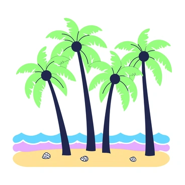 A row of tall coconut trees is swaying gently along a sandy beach in Kerala. The trees have slender trunks and a lush canopy of green fronds at the top. The sandy beach stretches out beneath them, with scattered seashells dotting the surface. In the background, the gentle waves of the sea are lapping against the shore. The sky above is clear, allowing sunlight to illuminate the scene, creating a vibrant atmosphere along the coast.