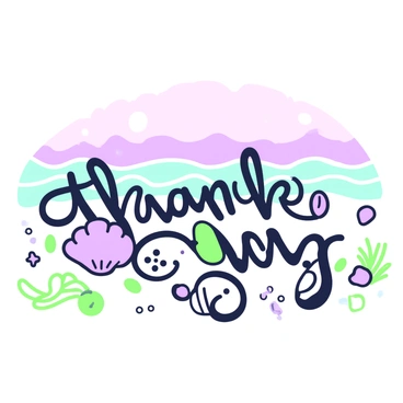 A thank you card featuring a seaside view. The background displays gentle waves lapping at a sandy shore, with a soft horizon where the ocean meets the sky. In the foreground, "Thank You" is artistically arranged using various seashells of different shapes and sizes. Small details, such as scattered pebbles and bits of seaweed, enhance the coastal theme. The overall composition evokes a sense of tranquility and appreciation for the ocean landscape.