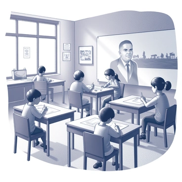A classroom filled with children engaged in art activities. Several children sit at wooden desks, each with sheets of paper and various drawing tools. One child is focused on drawing a larger-than-life portrayal of "Cesar Chavez," illustrating his iconic features and serious expression. Another child is creating a mural that depicts "farm workers" in a field, capturing their labor and resilience. The walls of the classroom are decorated with student artwork and posters celebrating "Cesar Chavez" and themes of activism. Light streams in through windows, casting a warm glow over the scene as the children share their ideas and inspirations.