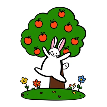 A rabbit with soft white fur and long ears is jumping beneath a cluster of apple trees. The trees are laden with bright red apples, some of them hanging low and appearing ready to fall. The grass below is lush and green, dotted with fallen leaves. Sunlight filters through the leaves, casting playful shadows on the ground. The rabbit has a joyful expression as it leaps over patches of wildflowers blooming nearby.