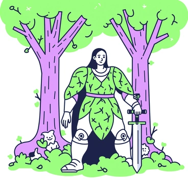 A forest guardian in leaf-patterned armor, standing protectively among ancient trees