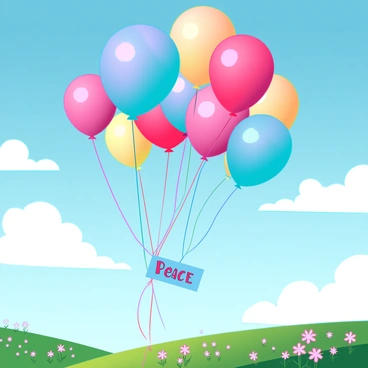 A cluster of colorful balloons with vibrant hues of red, blue, yellow, and green, soaring into a bright blue sky. Each balloon is attached to a small piece of paper, prominently displaying messages of "love" and "peace" in bold, playful fonts. The balloons float upwards, their glossy surfaces reflecting sunlight, creating a rainbow effect against the backdrop of fluffy white clouds. Below, a serene landscape can be seen, with lush green fields and a scattering of wildflowers, adding to the joyful and uplifting atmosphere of the scene.