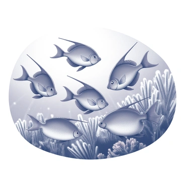 A school of angelfish swimming together in the ocean. The angelfish exhibit their distinctive body shapes and fin structures, with their elongated dorsal fins prominently displayed. The fish move in a synchronized manner, creating a dynamic flow in the water. The ocean environment features a variety of coral formations in the background, providing texture and depth to the scene. Light rays penetrate the water's surface, illuminating the fish and giving a sense of motion to the underwater landscape.