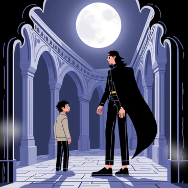 A manga-style vampire with sharp fangs and long, flowing black hair stands in a gothic courtyard. The vampire's attire is dark and elegant, featuring a high-collared cape. A young human, with wide eyes and tousled hair, gazes up at the vampire in awe. The courtyard is illuminated by a full moon casting silver light on the cobblestone ground. Intricate stone arches and detailed gargoyles frame the scene, adding to the mysterious atmosphere. Wisps of fog drift around the characters, enhancing the sense of intrigue in the encounter.