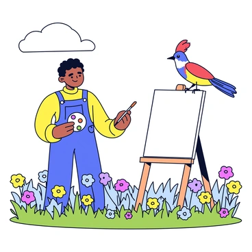 An artist with a focused expression stands outdoors, holding a paintbrush in one hand and a color palette in the other. In front of the artist is a blank canvas propped on an easel. To the side, a lyrebird is displayed in great detail, perched on a branch with its tail feathers elegantly fanned out, showcasing its distinctive shape. The surrounding meadow is vibrant and filled with an array of wildflowers in various colors, including yellow, purple, and pink. The sky above is clear with a few fluffy white clouds.
