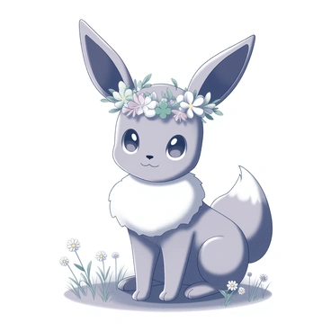 An Eevee is sitting on a patch of grass with a proud posture. It has a handmade crown of wildflowers resting on its head, with various flowers such as daisies, clovers, and small blooms intertwined in the crown. The Eevee's large ears are perked up, and its fur is fluffy and well-groomed. The expression on its face is one of confidence and serenity, capturing a regal demeanor. Surrounding the Eevee is a scattering of wildflowers, adding to the natural setting.