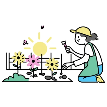 A gardener, wearing a green apron and a straw hat, is kneeling on the ground, putting the last touches on a flower bed filled with blooming red and yellow flowers. In one hand, the gardener holds a small trowel, while the other hand gently brushes soil away from the roots of the plants. The sun is setting in the distance, casting a warm golden light over the garden, illuminating the green leaves and creating long shadows. A wooden fence borders the garden, and a few butterflies flutter nearby, adding life to the tranquil scene.