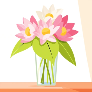 A glass vase filled with multiple lotus flowers in varying shades of pink and white. The flowers have wide petals that gracefully open, revealing their delicate yellow centers. The vase sits on a wooden table, and green leaves are artfully arranged around the flowers, providing a lush contrast. Soft light filters through a nearby window, casting gentle shadows around the vase and enhancing the vibrant colors of the lotus flowers.