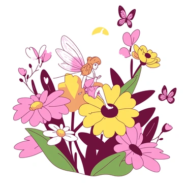 A vibrant garden filled with a variety of colorful flowers in full bloom. Each flower showcases unique shapes and sizes, with petals in hues of yellow and pink. Butterflies with intricately patterned wings flutter through the air, some landing gently on the blossoms. In the center of the scene, a small fairy with delicate wings is perched gracefully on a large flower petal. The fairy's attire is adorned with tiny sparkling details, and she gazes curiously at her surroundings. The sun casts a warm glow over the garden, enhancing the vivid colors of the flowers and the ethereal presence of the fairy.