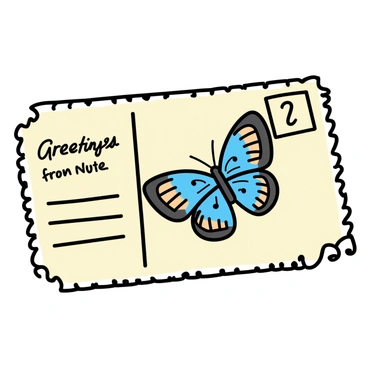 An old-fashioned postcard with a decorative border. In the center, there is a beautifully illustrated "papillon butterfly" with intricate patterns on its wings. The wings display vibrant colors, including shades of blue, orange, and black, with delicate detailing that highlights its features. The background of the postcard is a soft cream color, adding to its vintage charm. A small handwritten note in the corner says "Greetings from Nature."