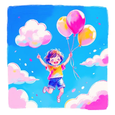 A child with short brown hair is floating in a bright blue sky. They are wearing a colorful t-shirt and shorts. The child is smiling widely while holding onto several balloons that are shaped like fluffy white clouds. The balloons are secure in their small hands, and the sunlight casts soft shadows below. Around the child, the sky is dotted with a few other small clouds, creating a whimsical atmosphere.