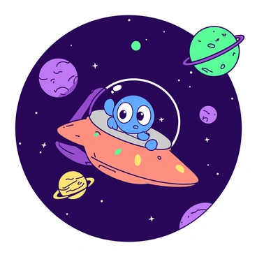 A blue cartoon character with large expressive eyes is floating in outer space, wearing a shiny silver spacesuit. The character is peering out from the open cockpit of a sleek, orange spaceship that has colorful decals on its side. Surrounding the spaceship, several planets of varying sizes and colors are scattered throughout the background. One planet is vibrant green with rings, another is deep purple with swirling clouds, and a third is a bright yellow dotted with craters. Stars twinkle in the deep black expanse of space, creating a whimsical atmosphere.