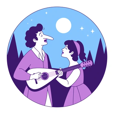 Cyrano, depicted with a distinctive large nose and wearing a historical outfit, is standing next to a companion. The companion is holding a white lute, strumming it gently. The two are bathed in a soft glow under the moonlight, which is shining brightly above them. In the background, there are silhouettes of trees and a clear starry sky. Cyrano is passionately singing while the companion plays the lute, their expressions filled with emotion. The scene captures a moment of harmony and connection between the two.