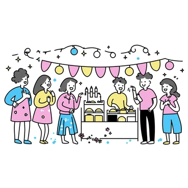A vibrant festival scene with a variety of colorful decorations hanging from above. Brightly colored banners and lanterns adorn the area, creating a lively atmosphere. Groups of happy people are gathered, chatting and laughing. Some individuals are wearing festive attire, such as patterned dresses and bright shirts. A variety of food stalls are present, with colorful dishes displayed. The ground is decorated with confetti and flowers, enhancing the celebratory feel of the scene.