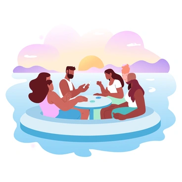 A group of friends is sitting around a small table on a boat, engaged in a game of loto. The friends are diverse in appearance, with various hairstyles and colorful clothing. Each person has a loto card in front of them and small coins in hand, ready to mark their cards. The table is surrounded by a tranquil water surface that reflects the vibrant colors of the sunset. The sky is filled with gradient pastel colors, transitioning from deep orange to soft pink and light purple. Silhouettes of distant hills are visible along the horizon, adding depth to the serene atmosphere.