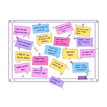A white bulletin board is covered with an array of colorful sticky notes, each in varying shades. The sticky notes are neatly arranged, creating a vibrant collage. Each note features a different glowing testimonial in clear, bold text. Some notes are pinned with colorful push pins, while a couple have decorative doodles around them. The testimonials appear to radiate a subtle glow, making the board feel lively and engaging.
