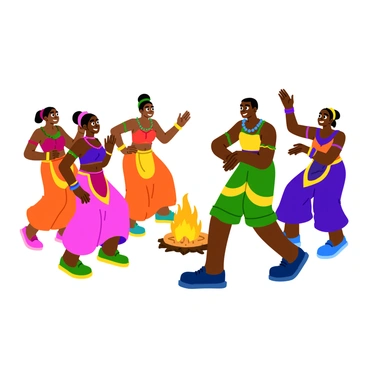 A group of dancers wearing colorful traditional African attire is performing a tribal dance. The dancers are positioned in a circle around a glowing campfire, their vibrant garments featuring intricate patterns and textures. Each dancer has unique accessories, such as beaded necklaces and wristbands that complement their outfits. The flames of the fire flicker, casting warm light on their expressive faces and creating dynamic shadows. The scene captures the energy and movement of the dance, with some dancers leaping gracefully while others keep rhythm with powerful foot stomps.