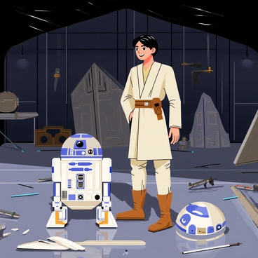 Anakin Skywalker, a young man with dark hair and wearing a Jedi robe, stands beside R2-D2, a blue and white astromech droid. They are surrounded by various starship parts scattered across a metallic floor. Anakin smiles at R2-D2, who has a joyful expression, with his dome lights glowing blue. The background features a dimly lit hangar filled with starship components like wings, engines, and tools. A soft light casts shadows, highlighting the bond between Anakin and R2-D2 in this moment of camaraderie.