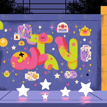 A city wall with a textured surface is covered in vibrant graffiti art featuring bold colors and intricate designs. Various images showcasing abstract shapes and characters are painted on the wall. In front of the wall, glowing star spren float gently, their luminous forms illuminating the surrounding area. The atmosphere is lively, with the contrast between the colorful art and the soft glow of the star spren creating an enchanting visual.