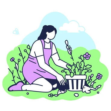 A gatherer is kneeling on the ground, carefully collecting wild herbs and roots in a sunny meadow. She has long hair tied back and wears a simple, earth-toned dress. In her right hand, she holds a small basket filled with various green herbs, and in her left hand, she is pulling up a root from the soil. Surrounding her are clusters of different plants, with some displaying small flowers. A few butterflies flutter around, adding life to the scene. In the background, there are gently rolling hills and a clear blue sky.