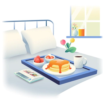 A neatly made bed is adorned with fluffy white pillows and a soft, light gray blanket. On the bed tray, there is a beautifully arranged breakfast consisting of a stack of golden pancakes drizzled with maple syrup, a small bowl of fresh strawberries, and a glass of orange juice with condensation on the outside. A steaming cup of coffee sits next to the tray, with a delicate white mug featuring a simple design. Natural light streams in through a nearby window, casting a warm glow over the scene. A few decorative elements, such as a small vase with fresh flowers and a stylish magazine featuring lifestyle articles, are placed on the bed's edge.