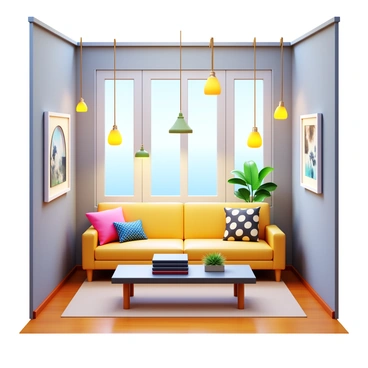 A home interior featuring a stylish living room. The room includes an array of unique modern lighting fixtures, such as pendant lights and table lamps, casting a warm glow. The walls are adorned with contemporary art, and there is a comfortable sofa with decorative cushions. A coffee table sits in the center, topped with a few stylish books and a small plant. The flooring is polished wood, contributing to the modern aesthetic. Large windows allow natural light to flood the space, enhancing the overall ambience.