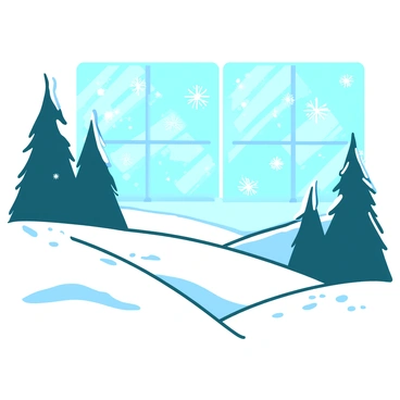 A white snowy landscape stretches across the scene, with gentle slopes covered in a thick layer of soft snow. In the foreground, there are tall, dark green pine trees dusted with white snowflakes. The sky above is a pale blue, indicating a clear winter day. Frosted windows in the background display intricate "ahki" patterns, with delicate designs formed by the frost that resemble natural motifs. The sunlight glimmers off the snow, creating a bright, shimmering effect across the landscape.