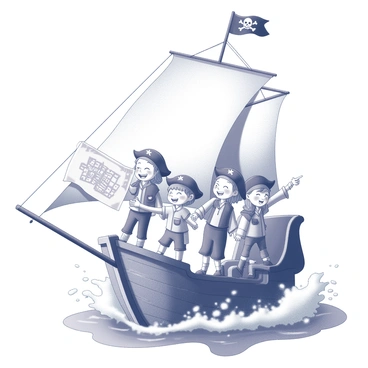 A group of children dressed in pirate costumes stands on a dynamic ship that is actively moving through the waves. The ship has a large, billowing sail and a pirate flag flying high. One child is holding a treasure map, which is spread out in front of them, while another child points excitedly toward the horizon. The sea around the ship is playful, with white-capped waves and splashes of water rising up as the ship sails forward. The children are laughing and engaged in their adventurous role-play, embodying the spirit of exploration and excitement.
